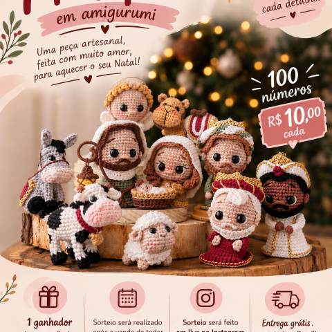 🎄 Rifa de Natal – Presépio Completo em Amigurumi | 100 números por apenas R$ 10,00 🎁